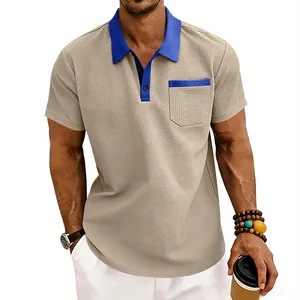 Men's waffle knit polo shirt in khaki with blue contrast collar and pocket detail