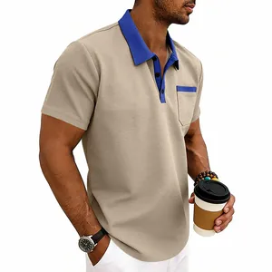 Close-up of khaki waffle knit men's polo shirt with blue contrast collar and pocket detail