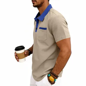 Macro view detail of waffle knit texture on men's khaki polo shirt with blue collar