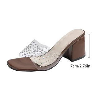 Elegant brown chunky heel sandal with 7cm block heel and rhinestone transparent strap