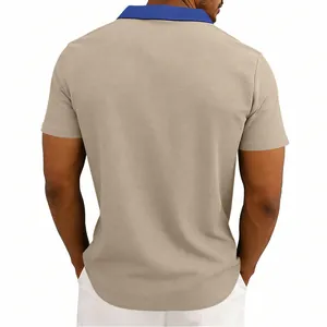 Detailed back view of men's waffle knit polo shirt with blue contrast collar