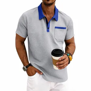 Detailed view of a men's waffle knit polo shirt featuring a contrast collar and pocket