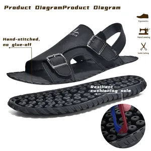 Professional men's summer leather sandals with hand-stitched non-slip resilient sole for beach.