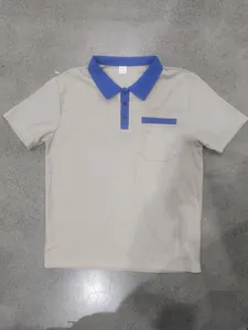 Detail view of men's waffle knit polo shirt with contrast collar and pocket.