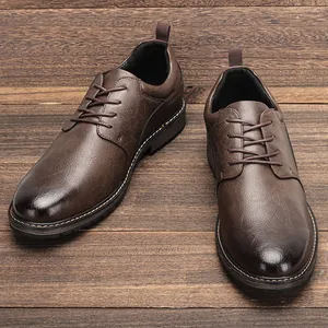Close-up of brown men's casual leather shoes with a stylish burnished finish.