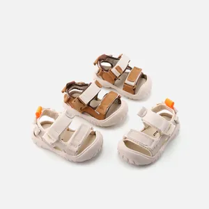 Toddler summer outdoor sandals with soft non-slip soles in neutral beige and brown colors