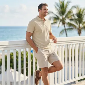 Polo en maille jacquard pour hommes dans un décor estival décontracté au bord de l'eau