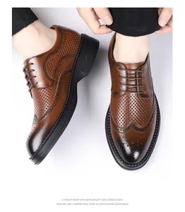 Close-up view of brown leather Brogue shoes with perforated design and gradient toe