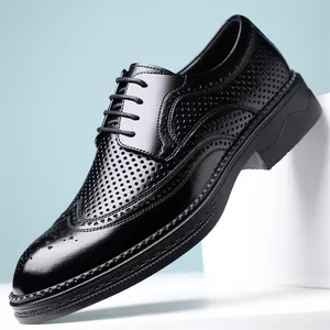 Men Business Brogue Shoes British Style Pointed Toe Crocodile Pattern Hollow Out Breathable Platform Recycled Leather Dress Shoes