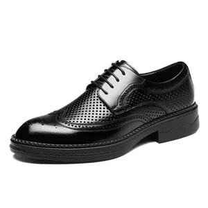 Classic black leather Brogue dress shoes with hollow-out design and thick sole