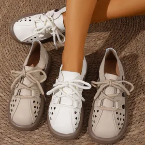 Retro Hohl Sandalen Für Damen Sommer Atmungsaktiv PU Leder Weiche Sohle Schnürung Flache Freizeit Schuhe Design