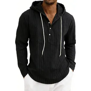 Chemise à capuche en lin pour hommes avec rayures verticales et cordon de serrage