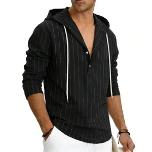 Chemise en lin noir pour homme à rayures blanches avec capuche et cordon de serrage