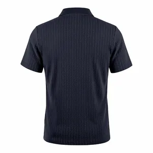 Back view of navy blue men's short sleeve knit jacquard polo shirt with vertical texture