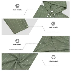 Détails de la chemise à capuche en lin rayé pour hommes : col, poignets et texture du tissu