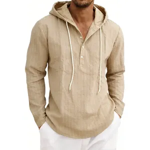 Chemise à capuche en lin rayé pour hommes à manches longues avec cordon et boutons