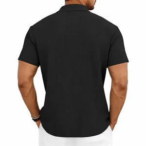 Back view of men's black short sleeve polo shirt with vertical knitted jacquard pattern