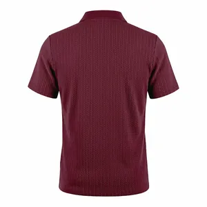 Detailed back view of a maroon short-sleeved knitted jacquard polo shirt for men