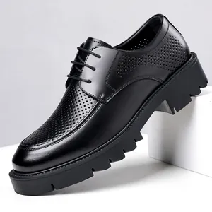 Zapatos de Cuero de Negocios para Hombre Calados Transpirables Aumento de Altura Zapatos Oxford Negro Cordones Derby