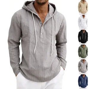 Chemise à Capuche Manches Longues en Lin Décontractée pour Hommes Rayures Verticales Henley Mi-Ouvert Cordon Ample Haut