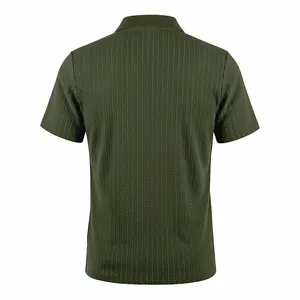 Back view of a men's olive green short-sleeved knitted Polo shirt with ribbed texture