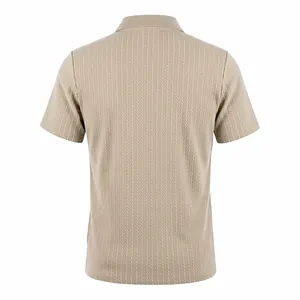 Back view of men's short sleeve knitted polo shirt with vertical cable jacquard texture.