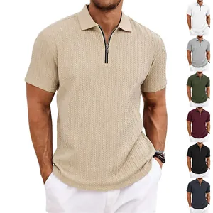 Men's casual knitted texture short sleeve zipper polo shirt available in various colors