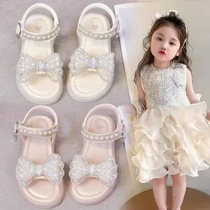 Sandali a Fiocco da Principessa per Bambina Stile Coreano Scarpe da Spiaggia Estive con Decorazione di Perle Artificiali e Strass Suola Morbida Antiscivolo