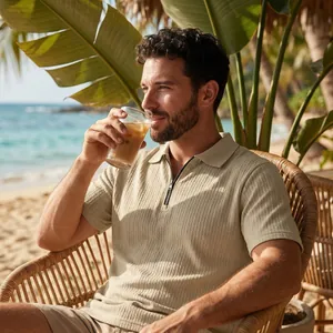 Men's textured knit polo shirt with zipper detail worn in a tropical beach setting