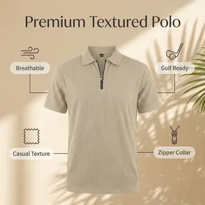 Macro detail of men's beige textured knit polo shirt showing the zipper and breathable fabric