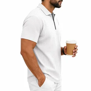 Detailed side view of white knit texture men's polo shirt with zipper