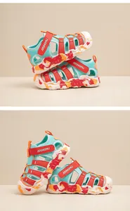 Detail of children's outdoor wading sandals with toe protection and teal/red mesh design.