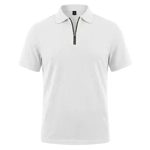 Close-up of a white men's knitted texture Polo shirt with a stylish zipper collar detail