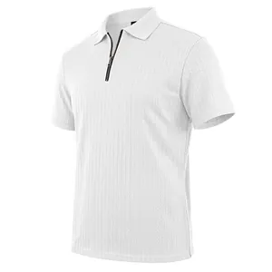 Close-up of a white men's polo shirt featuring a vertical cable-knit texture and zipper