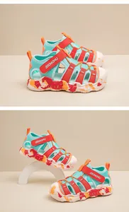 Close-up view of vibrant kids outdoor water sandals with non-slip camo soles.