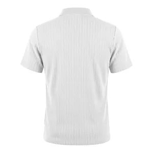 Back view of men's white short-sleeved Polo shirt with vertical knit texture