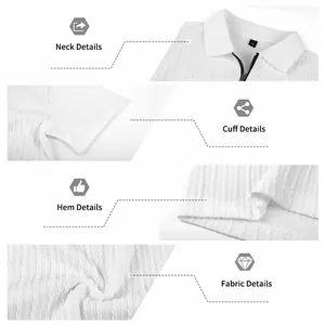Macro detail view of men's white knit polo shirt neck, cuff, and textured fabric