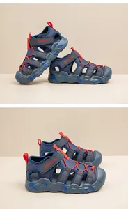 Detail view of children's blue outdoor closed-toe sandals with anti-slip rubber soles.