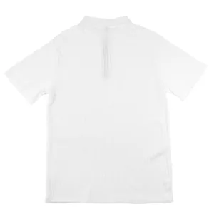 Back view of white short-sleeved knitted polo shirt with textured cable pattern detailing