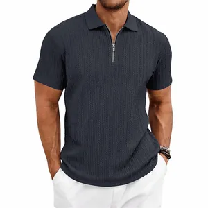 Detailed close-up view of the charcoal knit texture on a men's casual zip-up polo shirt