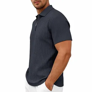 Macro view of men's knit Polo shirt showing detailed vertical textured pattern and zipper