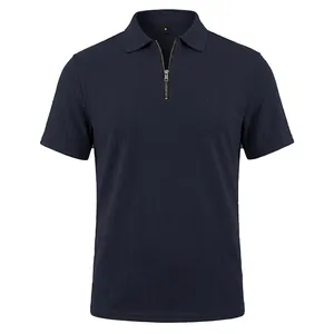 Men's navy blue short sleeve knit polo shirt with zipper placket and textured pattern detail.