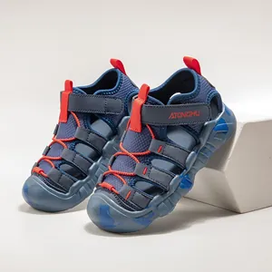 Blue and orange children's closed-toe outdoor hiking sandals with non-slip rubber soles
