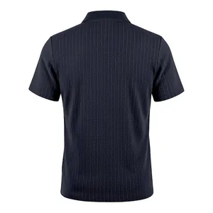 Detailed back view of a men's navy blue short-sleeved Polo shirt with knitted texture