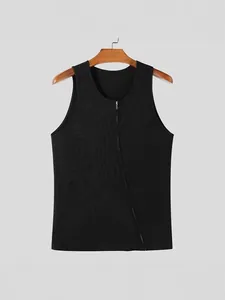 Débardeur côtelé noir pour homme, coupe ajustée avec fermeture éclair diagonale