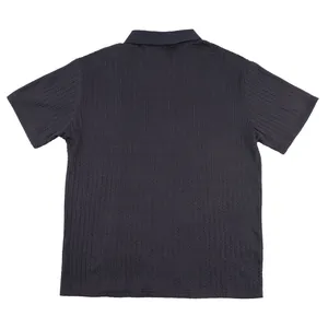 Detailed back view of a men's navy blue short-sleeve knit polo shirt with cable texture
