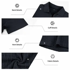 Detailed macro views of men's navy blue textured knit zip Polo shirt collar and fabric