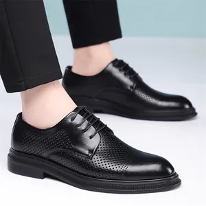 Men's black breathable business dress shoes with elevator soles and perforated design