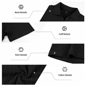 Close-up details of men's black knit texture zipper Polo shirt including neck and fabric