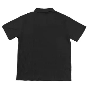 Back view of a black men's short-sleeved polo shirt with vertical cable-knit texture